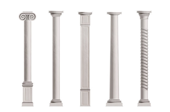 Cubic and cylindrical columns of white marble stone with smooth and textured surface 3d realistic vector illustrations set isolated on white background. Antique or classic architecture design elements