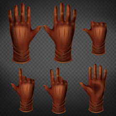 Hand in leather glove gestures in different positions set isolated on transparent background. Human palm show direction, pointing, and represent fingers and thumb. Realistic 3d vector illustration.