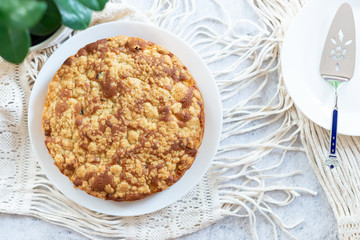 homemade delicious apple cake on white plate  .