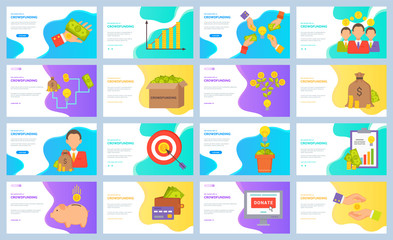 Crowdfunding vector, hand with money people successful team and pig with gold coin. Target aim, monitor donation, business activity clipboard. Website or webpage template, landing page flat style