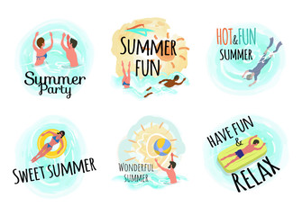 Sweet summer hot and fun vector, man laying on mattress and woman on lifebuoy. Male scuba diving, people swimming in water, person with ball waterpolo