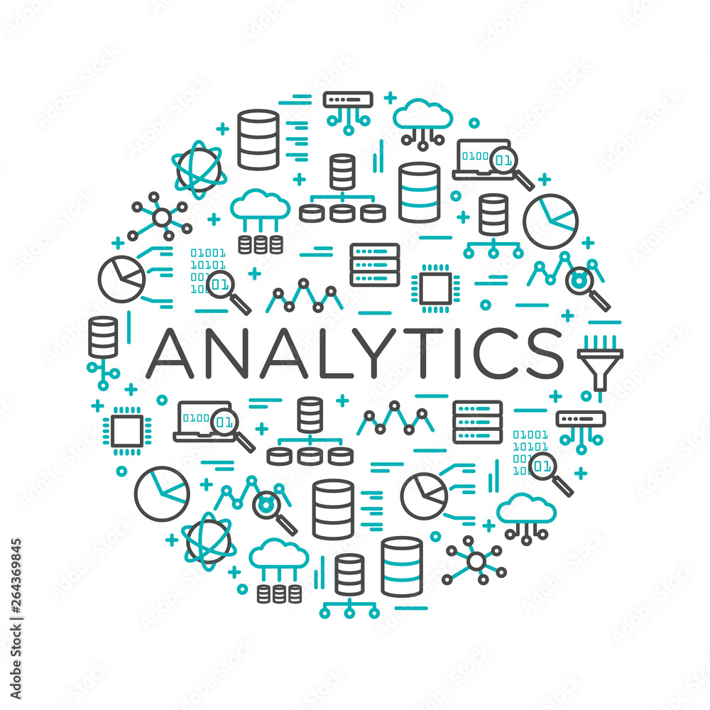 Poster the words analytics surrounded by icons of database, cloud computing, server, network icons. vector 