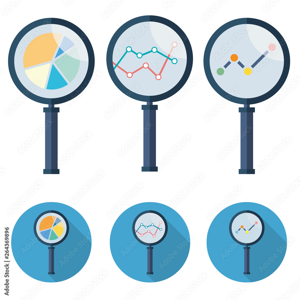 Poster analytic vector icons - magnifying glass set symbol..