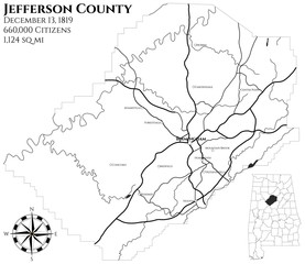 Large and detailed map of Jefferson county in Alabama, USA - obrazy, fototapety, plakaty