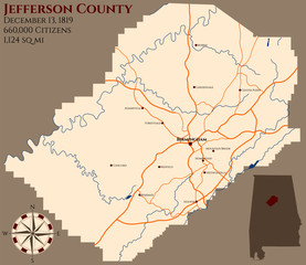 Large and detailed map of Jefferson county in Alabama, USA