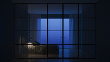 Modern house interior. Interior bedroom with glass partitions. Night. Evening lighting. 3D rendering.