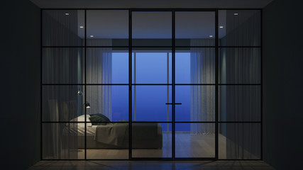 Modern house interior. Interior bedroom with glass partitions. Night. Evening lighting. 3D rendering.