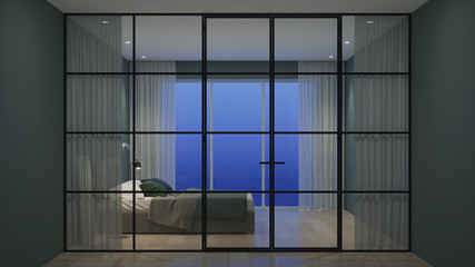 Modern house interior. Interior bedroom with glass partitions. Night. Evening lighting. 3D rendering.