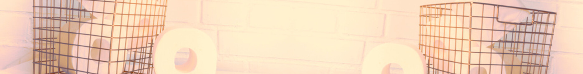 White toilet paper rolls in white interior. Selective focus, Copy space.Full banner format, horizontal banner