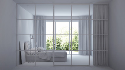 Fototapeta na wymiar Modern house interior. Interior bedroom with glass partitions. 3D rendering.