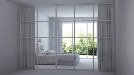 Modern house interior. Interior bedroom with glass partitions. 3D rendering.