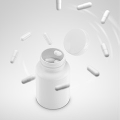 3D White can with vitamins. Bottle with white pills. 3d render capsules. 3D image. 3D model