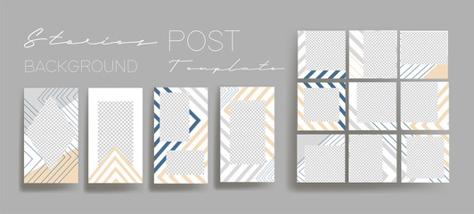  Design backgrounds for social media banner.Set of instagram stories and post frame templates.Vector cover. Mockup for personal blog or shop.Layout for promotion.Endless square puzzle layout for promo