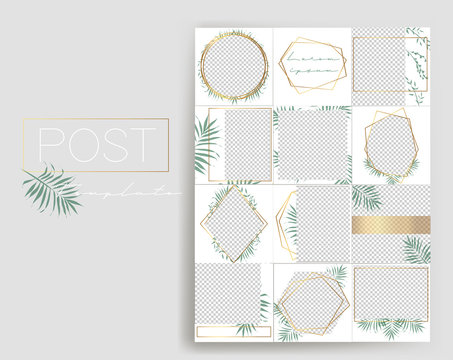  Design backgrounds for social media banner.Set of instagram stories and post frame templates.Vector cover. Mockup for personal blog or shop.Layout for promotion.Endless square puzzle layout.