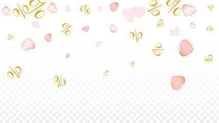 Vector Percentage Sign and Hearts Confetti on Transparent Background. Percent Sale Background. Business, Economics, Finance Print. Discount Illustration. Black Friday Banner. Special offer.
