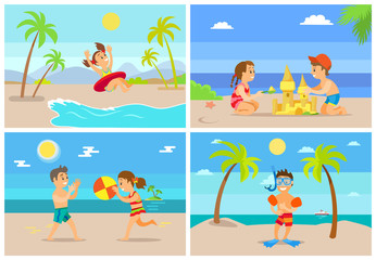 Obraz na płótnie Canvas Children on summer vacation vector, girl in lifebuoy, boy wearing special diving equipment for snorkeling. Brother and sister playing ball building castle