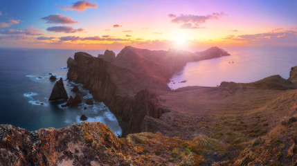 Beautiful 180 degree panoramic landscape panorama of the island Madeira at Ponta de Sao Lourenco nature reserve at sunrise