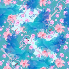 Seamless ornamental pattern with blue fairy birds, pink fliwers,little hearts and silhouettes of guitars. Print for fabric.