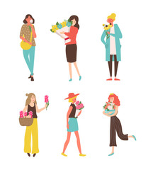 Women holding bouquet, happy girls embracing flavor, portrait and side view of females with flowers, element of decoration, 8 March greetings vector