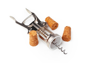 corkscrew and wine cork isolated on white background