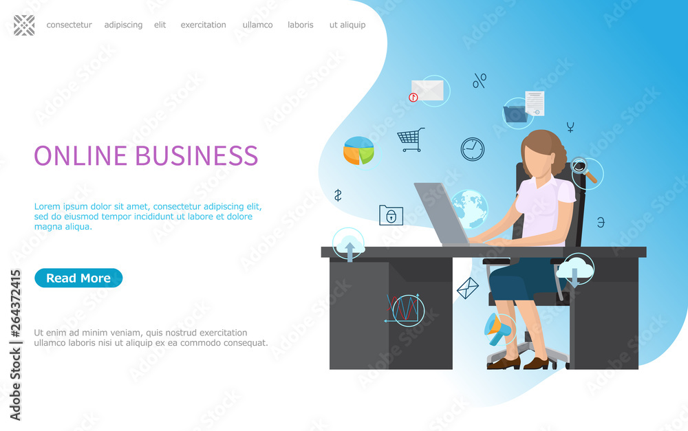 Poster online business web poster, woman using modern smart technologies for work and communication via int