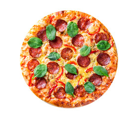 Pepperoni Pizza with Mozzarella cheese, salami, pepper, Spices and Fresh spinach. Italian pizza isolated on white background. with copy space. top view
