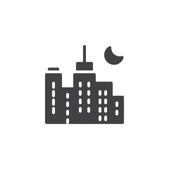 Night cityscape with moon vector icon. filled flat sign for mobile concept and web design. Skyscrapers, city buildings glyph icon. Nightlife Symbol, logo illustration. Vector graphics