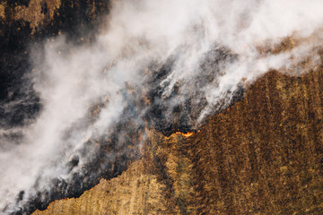 Aerial top view of heavy smoke in the burning field with dry grass and burnt land