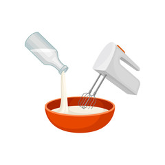 Mixer whisk the milk into the cup. Vector illustration.
