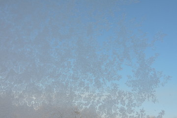 A close-up of beautiful ice flowers on a window, blue sky in the background © E-lona