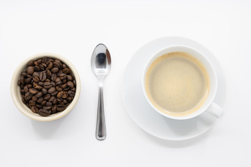 Freshly made coffee with pot of coffee beans