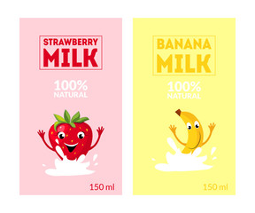 Strawberry and Banana Milk Labels Templates Set, Emblem, Logo, Packaging or Advertising Design Element Vector Illustration