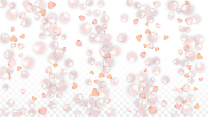 Vector Realistic Petals and Hearts Confetti. Flying Sakura and Hearts on Transparent Background. Wedding Invitation Background. Spring Romance Poster. Vector Illustration for Anniversary Design.