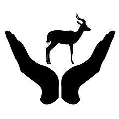 Vector silhouette of a hand in a defensive gesture protecting a gazelle. Symbol of animal, wild,africa, nature, humanity, care, protection.