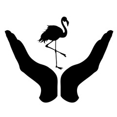 Vector silhouette of a hand in a defensive gesture protecting a flamigo. Symbol of animal, wild,bird, nature, humanity, care, protection.