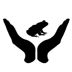 Vector silhouette of a hand in a defensive gesture protecting a frog. Symbol of animal, wild,forest, nature, humanity, care, protection.
