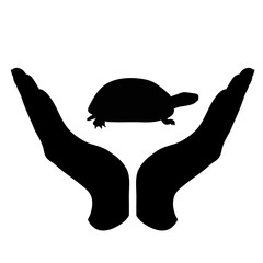 Vector silhouette of a hand in a defensive gesture protecting a turtle. Symbol of animal, wild, nature, humanity, care, protection.