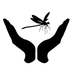Vector silhouette of a hand in a defensive gesture protecting a dragonfly. Symbol of animal, insect,nature, humanity, care, protection.