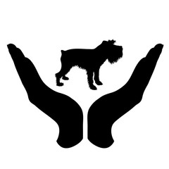 Vector silhouette of a hand in a defensive gesture protecting a dog. Symbol of animal, pet, nature, humanity, care, protection, veterinary.