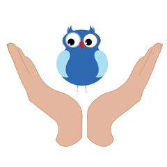 Vector illustration of a hand in a defensive gesture protecting a owl. Symbol of animal, bird, nature, humanity, care, protection.