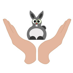 Vector illustration of a hand in a defensive gesture protecting a rabbit. Symbol of animal, farm,hare, humanity, care, protection, veterinary.
