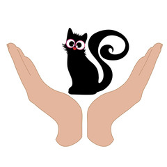 Vector illustration of a hand in a defensive gesture protecting a cat. Symbol of animal, pet, nature, humanity, care, protection, veterinary.