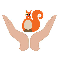 Vector illustration of a hand in a defensive gesture protecting a squirrel. Symbol of animal, nature, humanity, care, protection.