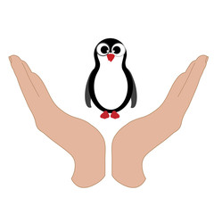 Vector illustration of a hand in a defensive gesture protecting a penguin. Symbol of animal, wild,antarctica, nature, humanity, care, protection.
