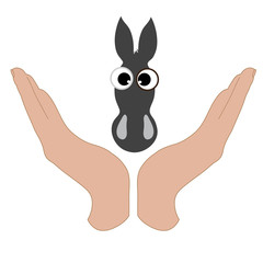Vector illustration of a hand in a defensive gesture protecting a donkey. Symbol of animal, farm, cattle, humanity, care, protection, veterinary.