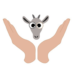 Vector illustration of a hand in a defensive gesture protecting a goat. Symbol of animal, farm, cattle, humanity, care, protection, veterinary.