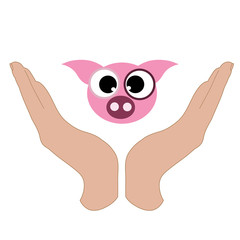 Vector illustration of a hand in a defensive gesture protecting a pig. Symbol of animal, farm, cattle, humanity, care, protection, veterinary.
