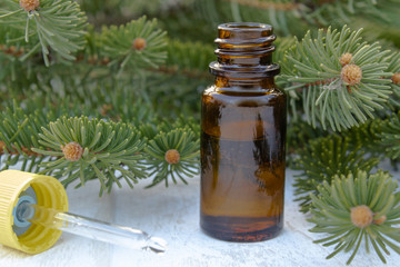Essential coniferous oil in a dark bottle, a bottle of extract, pine branches.