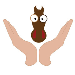 Vector illustration of a hand in a defensive gesture protecting a horse. Symbol of animal, farm, humanity, care, protection, veterinary.