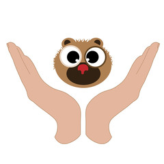 Vector illustration of a hand in a defensive gesture protecting a bear. Symbol of animal, wild,grizzly,nature, humanity, care, protection.